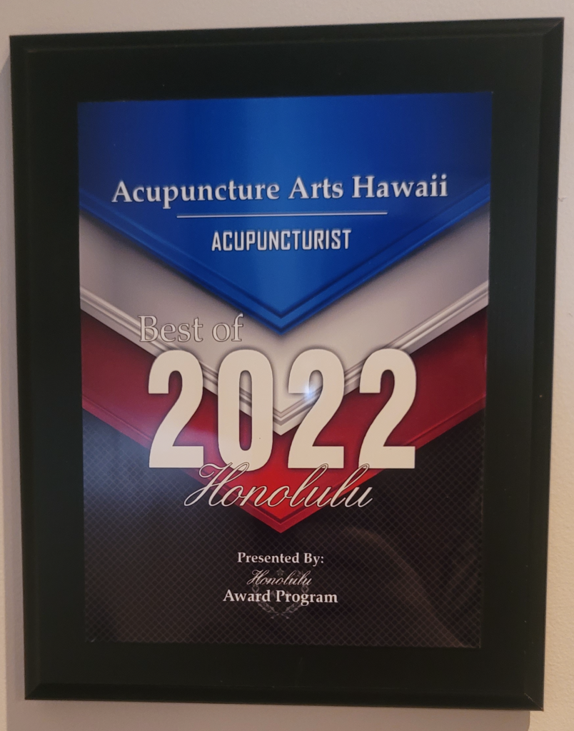 Award plaque for Acupuncture Arts Hawaii, best acupuncture in Honolulu 2022.